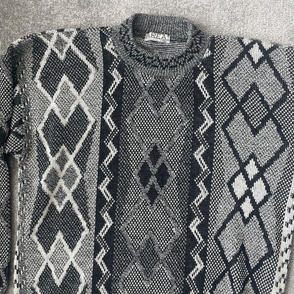 Vintage Sweater Mens Large Black White Cosby 80s Argyle Knit Striped Area by Tag - Picture 2 of 8